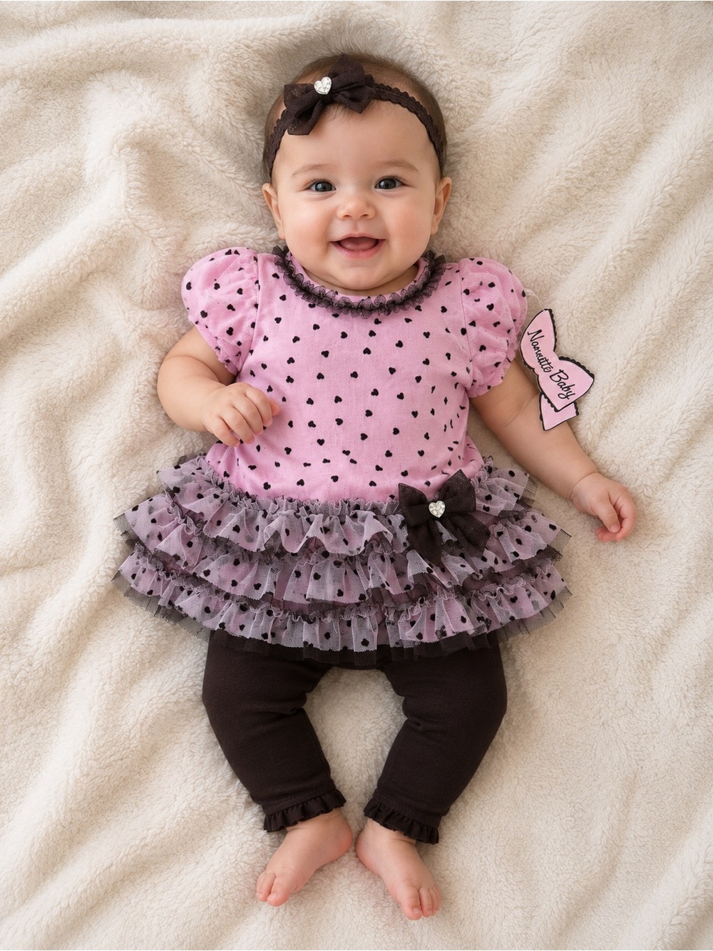 Pink Polka Dot Ruffle Baby Dress Set with Brown Leggings